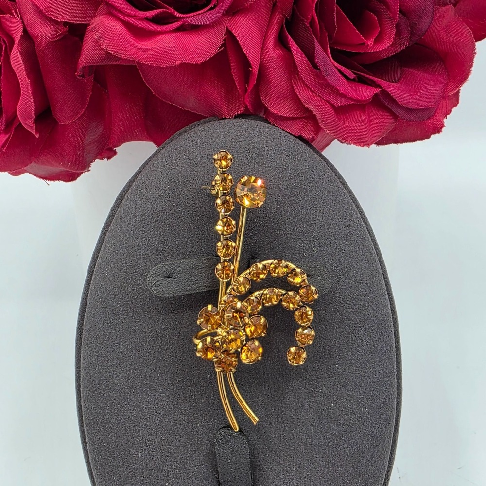 Vintage Austrian Amber Rhinestone Floral Spray Brooch Pin‎ Gold Tone Signed